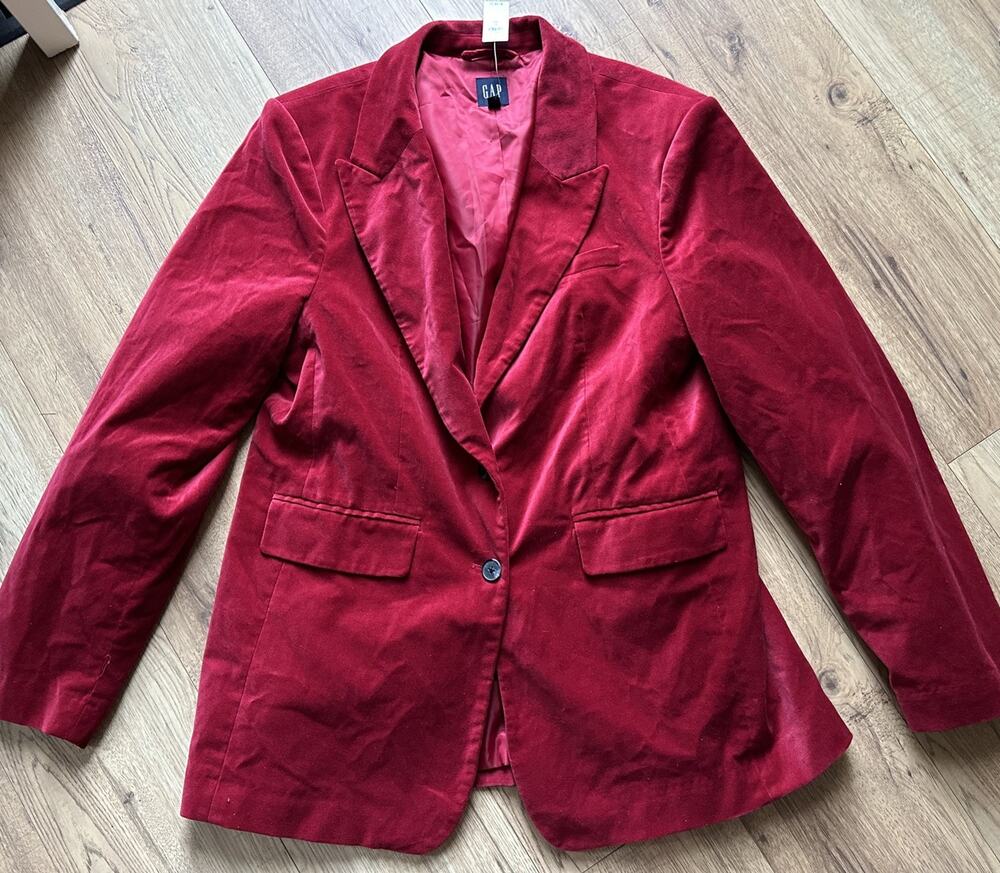 NWT Gap Blazer Womens XL Tall Red Velvet Single Breasted Shoulder Pads Stretch